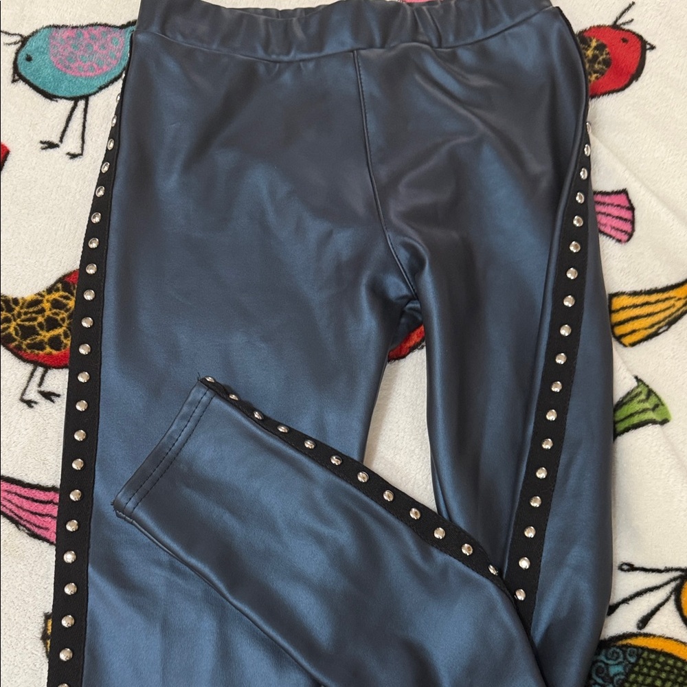 Studded metallic Blue Faux Leather Leggings with fleece for cold , sizes